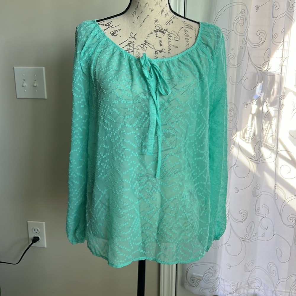 Jessica‎ Simpson Claudia Jacquard Peasant Top Pool Blue Aqua Clipped Dot NWT M